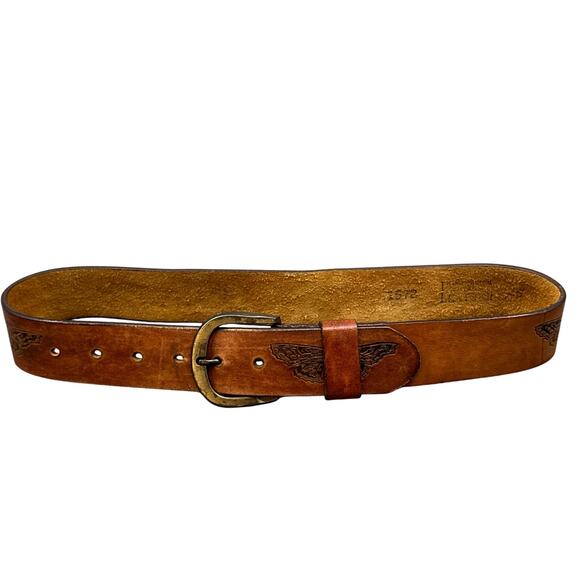 VTG Latitan Leather Belt 26 Brown Hand Tooled Stained Butterfly Bras Buckle Boho - Picture 4 of 14